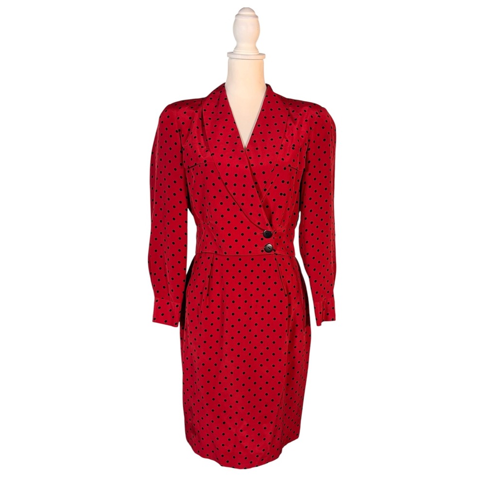 Vintage 100% Silk Polka Dot Skirt Set Women's 8 Pencil Midi Retro Office Siren